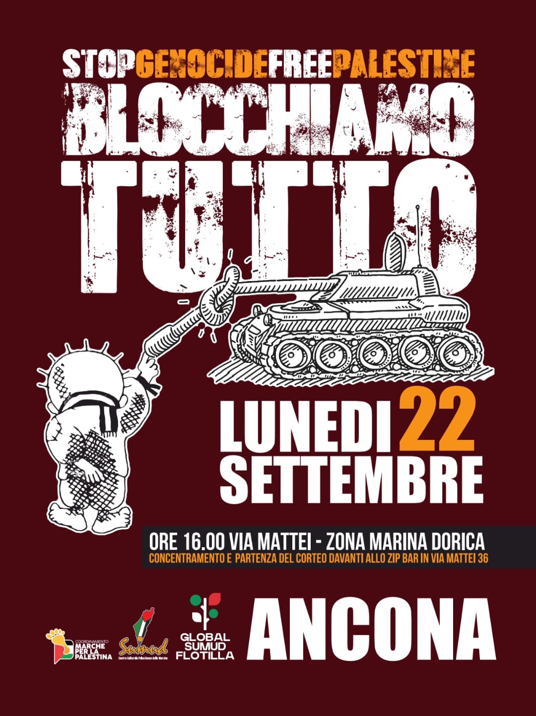Ancona,Lunedì 22 settembre alle ore 16.00 presso via Mattei zona Marina Dorica, Corteo di cittadinǝ solidali con la Resistenza Palestinese e con la Global Sumud Flottilla.